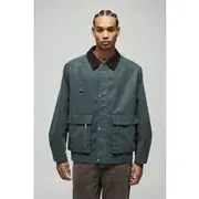 Mens Blue Oversized Boxy Peached PU Contrast Collar Worker Jacket