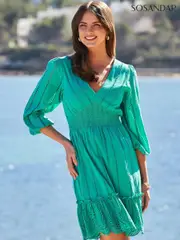 Sosandar Green Broderie 100% Cotton Detail Ruffle Hem Dress (E13587) | $196