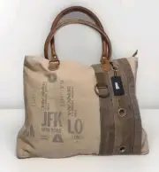 New W Tags Beige Canvas & Brown Leather Large Tote Shoulder Bag Top Zip Upcycled