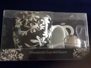 Godinger Chamomile Cup And Saucer With Tea Strainer-Black & White Floral Pattern