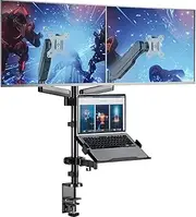 WALI Monitor and Laptop Mount, Gas Spring Dual Monitor Stand with Laptop Tray for Two Flat Curved Screens up to 32” and One Laptop Notebook up to 17”, Laptop Monitor Desk Mount (GSDM003LP), Black