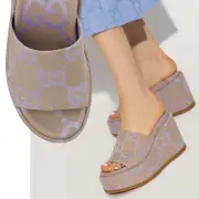 GUCCI SHOES ANGELINA JUMBO GG LOGO BEIGE CANVAS PLATFORM SLIDE $750 39.5 9.5
