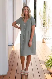 Short Sleeve Button Through Linen Dress--JUM-466J5067A