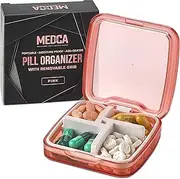 Compact Pill Box Organizer - Portable Waterproof Medicine Organizer and Daily Pill Container with Removable 4 Compartment Divider - Durable ABS Silicone Pills Case Fits Pocket and Purse, Pink