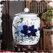 Ceramic Rice Storage Bucket Chinese-style, Sealed Rice Ceramic Container With Lid, Ceramic Grain Dispenser ForSoybeans, Corn Flour, Oatmeal(25kg/55lbs)