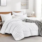 Andency Plaid Comforter Twin(66x90 Inch), White Grid Gingham Bed Set for Teen Boys Kids, Lightweight Reversible Preppy Bedding，2 Pieces(1 Comforter and 1 Pillowcase)