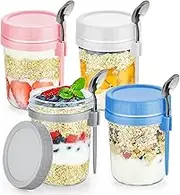4 Pack Overnight Oats Containers, with Lids, Spoons, and Measurement Marks, 350ml Glass Mason Jars, Leak Proof Oatmeal Container Great for Cereal, Fruit, Vegetable, Milk, Salad, Yogurt Meal Prep