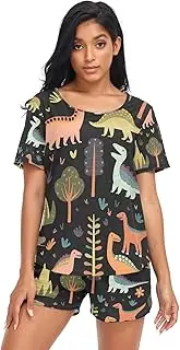 [RPLIFE] Dinosaurs and Trees Short Set Pajamas for Women, Matching Lounge Set, Dinosaurs and Trees, Medium