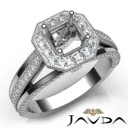 Asscher Semi Mount Millgrain Diamond Pave Engagement Ring 14k White Gold 0.9Ctw