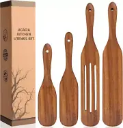 Acacia Wood Spatula Utensil Sets, 4-Pack Wooden Spatulas Turner, Kitchen Tool Wo