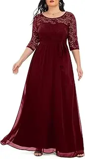 [Pinup Fashion] Women's Plus Size Formal Lace Chiffon 3/4 Sleeve V-Back Wedding Evening Party Maxi Dress