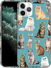 GlamCase for iPhone 11 Pro Max, iPhone 11 Pro Max Case - Cat Pattern with Sunglasses Teal Printed Slim & Sleek Cute Plastic Hard Protective Designer Back Case/Cover for iPhone 11 Pro Max