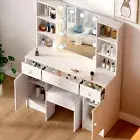 Dressing Table Stool Set With LED Mirror 3 Drawer Large Makeup Vanity Desk White