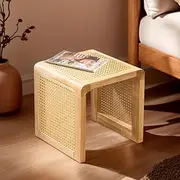 Furb 35CM Coffee Side Table, Modern Accent Bedside Table with Natural Cane Webbing & Sturdy Solid Wood Frame Rattan Sofa End Table for Home, Living Room, Office, Balcony(Oak)