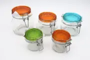 Lot of 5 Bormioli Rocco Fido Canisters w/ Color Top (1x 3/4L, 2x 1/2L, 2x Pint)
