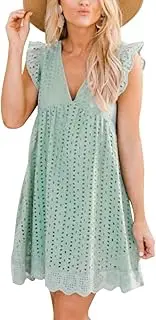 [KOOBETON] Women California Lace Romper with Pockets and Shorts Ruffle Sleeve Mini Eyelet Shift Dress