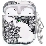 Airpod Case For Apple Airpods Gen 1 & 2 - Cute Flowers & Boho Floral Design Protective Soft Clear Cover With Keychain Option - Supports Wireless Qi Charging For Airpods 1 2 - Black Lace Mandala