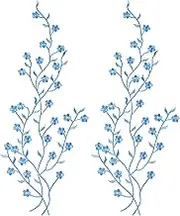 OIIKI Appliques Embellishments for Dresses 2pcs, Flower Iron On Plum Embroidered Patches, Blue Floral Lace Fabric Appliques Embellishments Embroidery Patch for Clothing Crafting