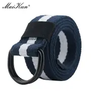 Maikun Tactical Canvas Men Belt High Quality Unisex Double D-Ring Buckle Waistband Casual Canvas Female Belt Fabric For Jeans Blue Stripe 130cm