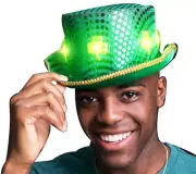 LED Green Clover Ultimate Sequin Plush Irish Top Hat with Shamrocks for St. P...