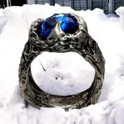 Artisan Crafted Boho-Style Silver Blend Metalwork Ring With Cushion Blue Crystal