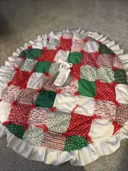 Handmade Christmas Tree Skirt Quilted Patchwork Padded Ruffle Edge 44”