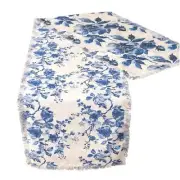 Reversible Blue Floral Cotton Table Runner with Frayed Edges | 72''