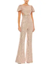Mac Duggal Sequined Puff Shoulder Illusion Cutout Jumpsuit