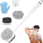 LOPHE Back Brush Shower with Long Handle, 3 Pieces Double-Sided Body Brush, Long Handled Exfoliating Sponge, Shower Brush for Skin Exfoliation, for Improving Blood Circulation (White)