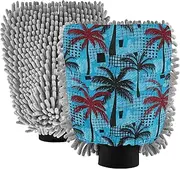 Wash Mitts Car Washing Microfiber Absorbent Chenille Tropical Black Brown Palms Blue Cleaning Scrub Pads Car Detailing Soft Scratch Free, Large x 2 Pack