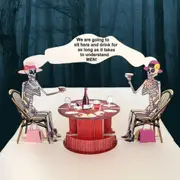 Funny Skeleton Ladies Chatting in Tearoom Pop Card