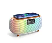 Retro Wooden Bluetooth Speaker Alarm Clock with FM Radio, Fast Wireless Charg...