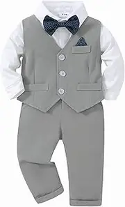 [CARETOO] Toddler Baby Boy Gentleman Suits 4PCS Shirt+Vest+Bow Tie+Pants Baby Boy Sets for 3-24M, Grey, 12-18 Months