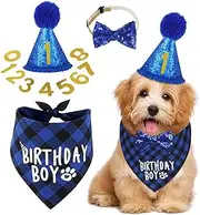 WESTch Dog Birthday Party Supplies Birthday Boy Girl Cake Bandana Triangle Scarf Clothes Shirt Cute Dog Hat Dog Bow Tie Collar with 0-8 Numbers for Dog Puppy Birthday Party Outfit