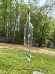 Recycle Upcyle Wine Bottle Wind Chime Blue Suncatcher Hummingbird crystal glass
