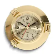 Lacquered Brass Porthole Quartz Clock with Beveled Glass