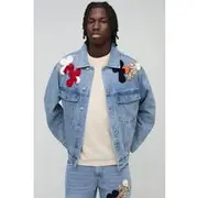 Mens Light Blue Regular Cross Crochet Applique Denim Jacket