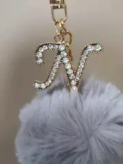 Initial "N" Keyring Rhinestone with Gray Pom Pom Clip Glam Keychain