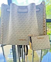 Michael Kors Mina Large Shoulder Purse Handbag Bag + Coin Pouch Key Chain Wallet
