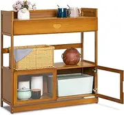 MoNiBloom Bamboo Kitchen Sideboard Shelf Organizer Storage Cabinet with Acrylic Doors and a Drawer Shelf Organizer for Pots and Pans Microwave Oven, Brown