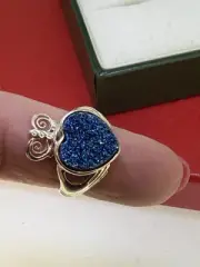 New Claddagh Sterling Silver Blue Drusy Heart And Hands Ring Size 6 JMH Ireland
