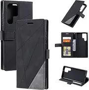 Design Piece of Leather-Like Wallet Phone Case for Samsung Galaxy S23 Ultra with Card Slots, Cash Pocket, Kickstand and Magnetic Lock (Black)