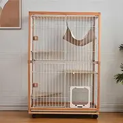 Cat Cage, 2 Tiers, Wooden Frame, Spacious, Large, Stylish, Cat House, Answering Machine, Ladder, Protection, Escape Prevention, Easy Assembly, Multiple Heads, Pet Cage, Natural