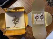 Vintage Cerrito White Gold Tone CZ Lily Brooch Earrings Set New Old Stock