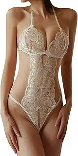 [Generic] Sexy Cosplay Lingerie Women's 1 Piece Backless Mesh Bodysuit Neck Lace Up Sheer Teddy Nightie Lace Up Lingerie Fishing Net Sexy Underwear Sleepwear Steel Ring Pajamas Gart Yes Daddy Lingerie
