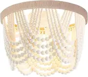 Boho Wood Beaded Chandelier Flush Mount Ceiling Light,Farmhouse Rustic Jute Hemp Rope Mini Chandeliers Fixture for Bedroom,Kitchen，Dining Room，Hallway,Entryway,3-Light