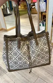 Tory Burch T Monogram Jacquard Tote Bag, Hazelnut, Style 80644, RETAIL $598