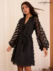 Love & Roses Black Petite 3D Flower Belted Mini Dress (AD6939) | $138