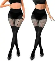 [Garnirise] Women's Fishnet Tights Mock Thigh High Socks Suspender Tights Fishnet Stockings Fashion Fishnets Suspenders and Stockings Set 2 Pairs