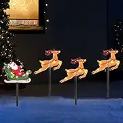 Christmas Silhouette Outdoor Pathway Lights Set of 4 Solar Powered Pre-Lit 30 LEDs Double Sided Christmas Reindeer & Sled Vintage Holiday Outdoor Display Decor for Garden, Patio,Yard, Lawn